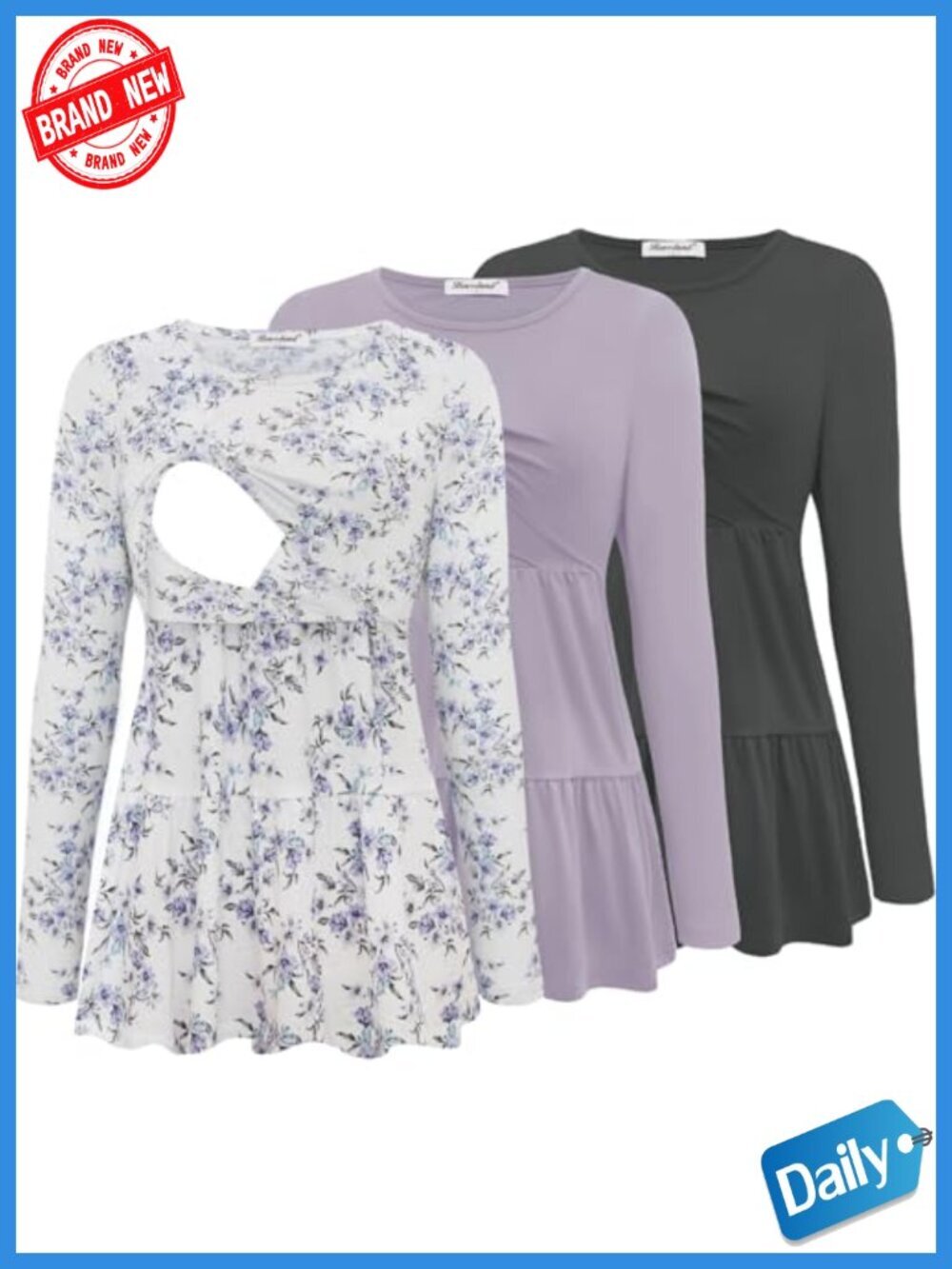 Nursing Tops 3 Pack Long Sleeve Scoop Neck Maternity Shirt Breastfeeding